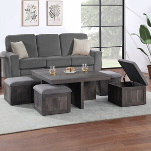 English Elm Moseberg Square Rustic Coffee Table with Four Wheeled Upholstered Nesting Stools B061P443213
