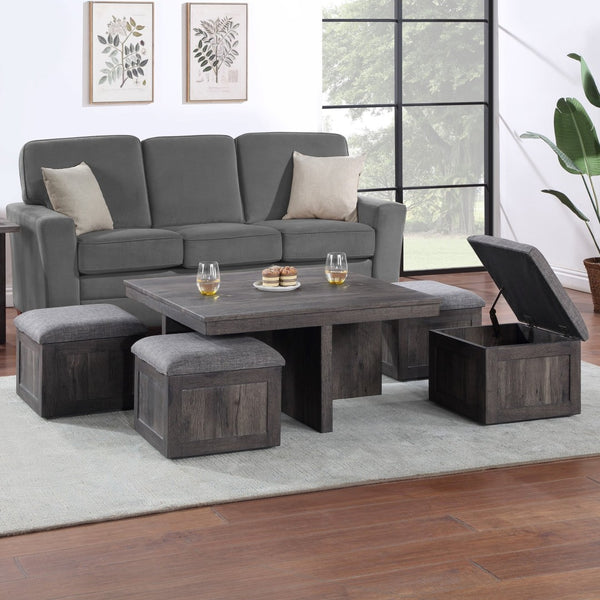 English Elm Moseberg Square Rustic Coffee Table with Four Wheeled Upholstered Nesting Stools B061P443213