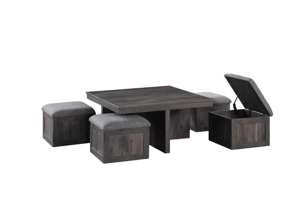 English Elm Moseberg Square Rustic Coffee Table with Four Wheeled Upholstered Nesting Stools B061P443213