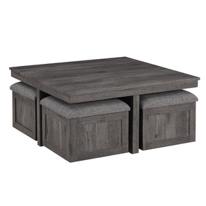 English Elm Moseberg Square Rustic Coffee Table with Four Wheeled Upholstered Nesting Stools B061P443213