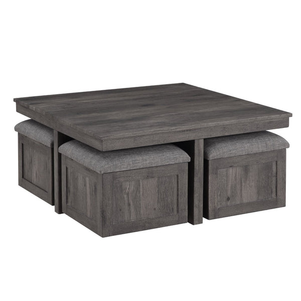 English Elm Moseberg Square Rustic Coffee Table with Four Wheeled Upholstered Nesting Stools B061P443213