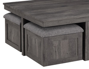 English Elm Moseberg Square Rustic Coffee Table with Four Wheeled Upholstered Nesting Stools B061P443213