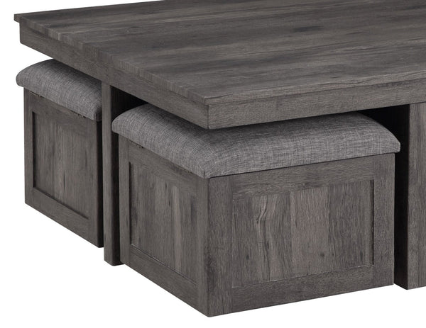 English Elm Moseberg Square Rustic Coffee Table with Four Wheeled Upholstered Nesting Stools B061P443213