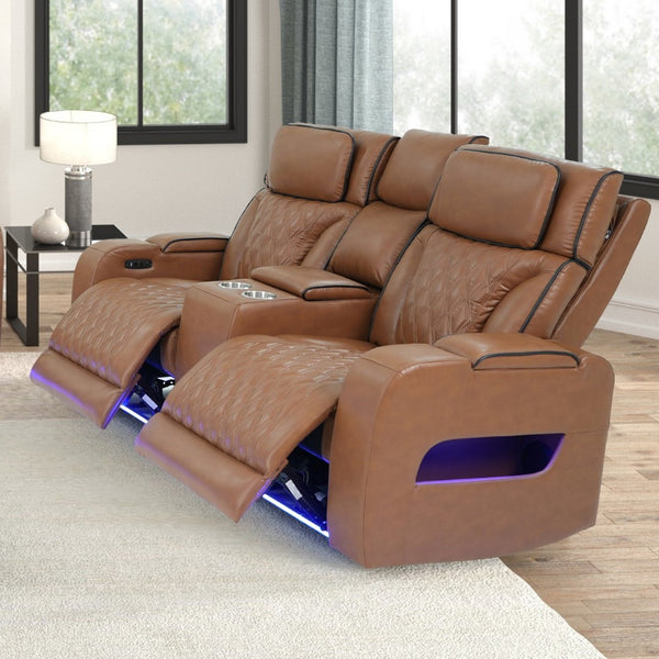 English Elm Jazz Power Reclining Loveseat Leather Aire with Led Lighting Bluetooth and Usb Charging B061P509154