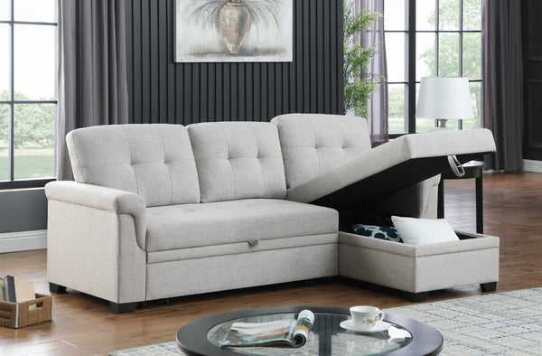 English Elm Lucca Linen Sleeper Sectional with Reversible Storage Chaise for Compact Living Lucca B061S00001