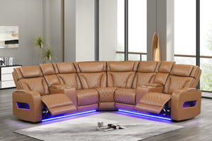 English Elm Jazz Power Reclining Sectional with Quilted Leather Aire Bluetooth Speakers and Led Lighting B061S00977