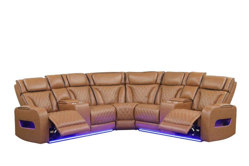 English Elm Jazz Power Reclining Sectional with Quilted Leather Aire Bluetooth Speakers and Led Lighting B061S00977