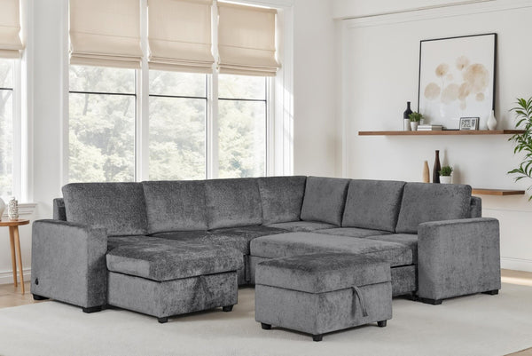 English Elm Esmeralda Chenille Modular Sectional Sleeper with Storage Ottoman and Usb Charging B061S00980
