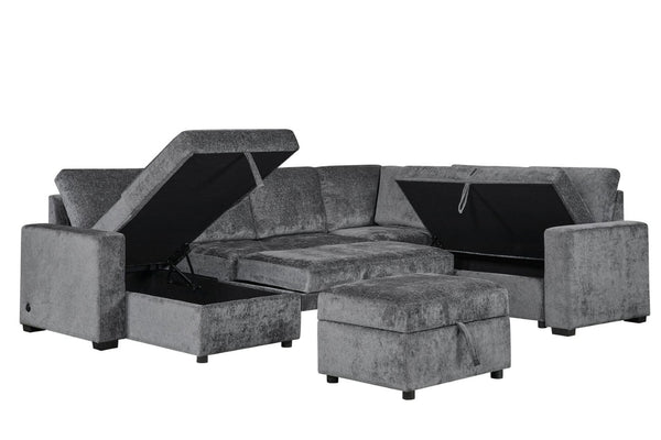 English Elm Esmeralda Chenille Modular Sectional Sleeper with Storage Ottoman and Usb Charging B061S00980
