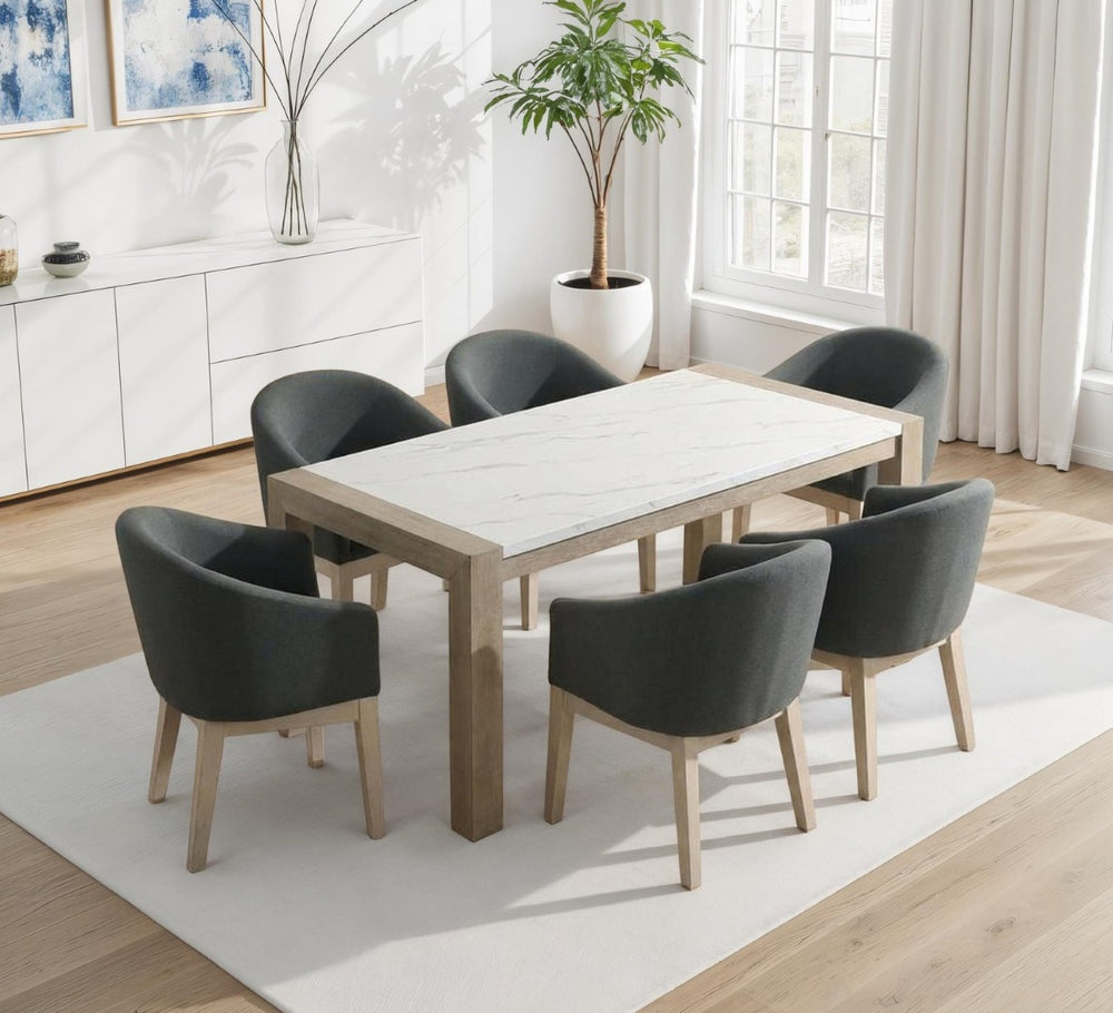 English Elm Tabitha 7 Piece Faux Marble Rectangular Dining Set with Six Gray Barrel Chairs B061S00981