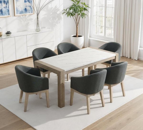 English Elm Tabitha 7 Piece Faux Marble Rectangular Dining Set with Six Gray Barrel Chairs B061S00981