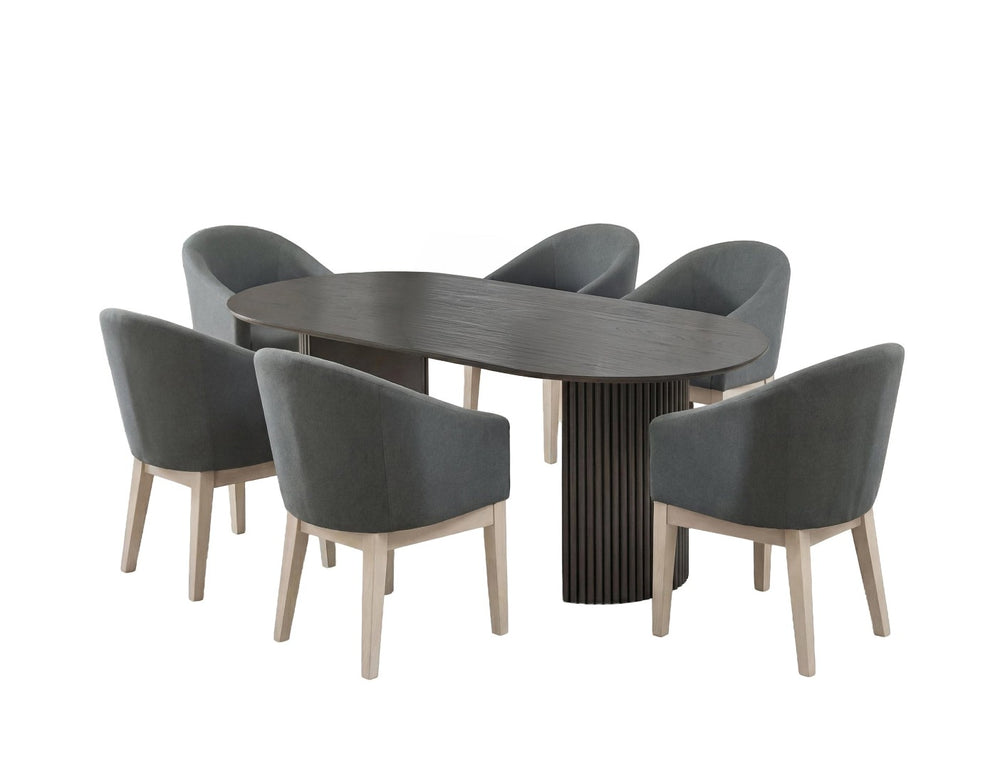 English Elm Valencia Oval Oak Veneer Dining Set with Fluted Pedestal Base and Six Barrel Chairs B061S00983
