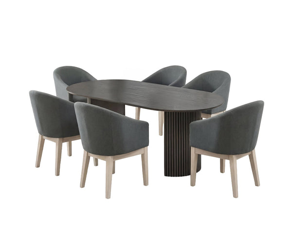 English Elm Valencia Oval Oak Veneer Dining Set with Fluted Pedestal Base and Six Barrel Chairs B061S00983