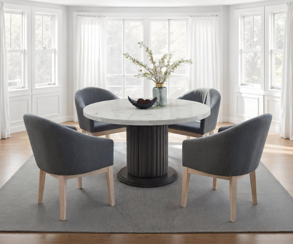 English Elm Valencia Round Faux Marble Dining Set Sculptural Pedestal Four Barrel Chairs Modern B061S00984
