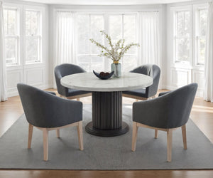 English Elm Valencia Round Faux Marble Dining Set Sculptural Pedestal Four Barrel Chairs Modern B061S00984