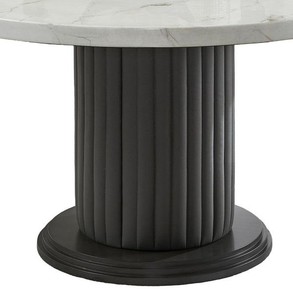 English Elm Valencia Round Faux Marble Dining Set Sculptural Pedestal Four Barrel Chairs Modern B061S00984