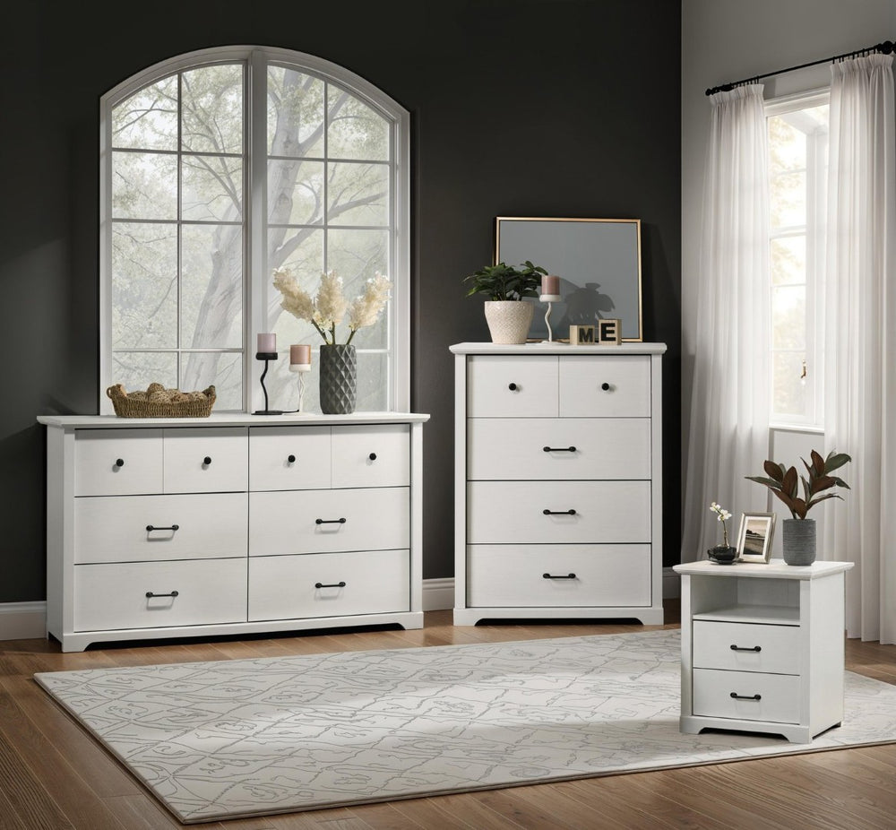 English Elm Elara 3 Piece Bedroom Storage Set with Dresser Chest and Nightstand Usb Charging White B061S00985