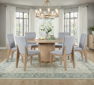English Elm Caspian Round Oak Veneer Pedestal Dining Set Seats Six with Gray Linen Chairs B061S00987
