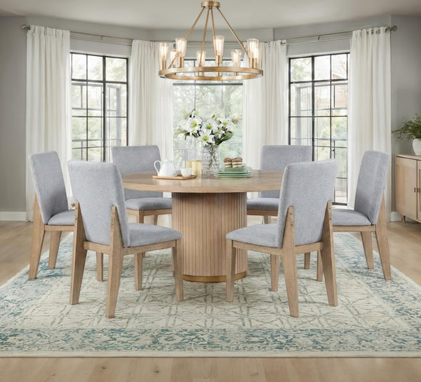 English Elm Caspian Round Oak Veneer Pedestal Dining Set Seats Six with Gray Linen Chairs B061S00987