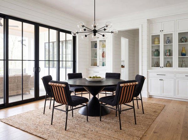 English Elm Haven Round Pedestal Dining Set Seats Six with Boucle Chairs and Ebony Veneer Top B061S00991