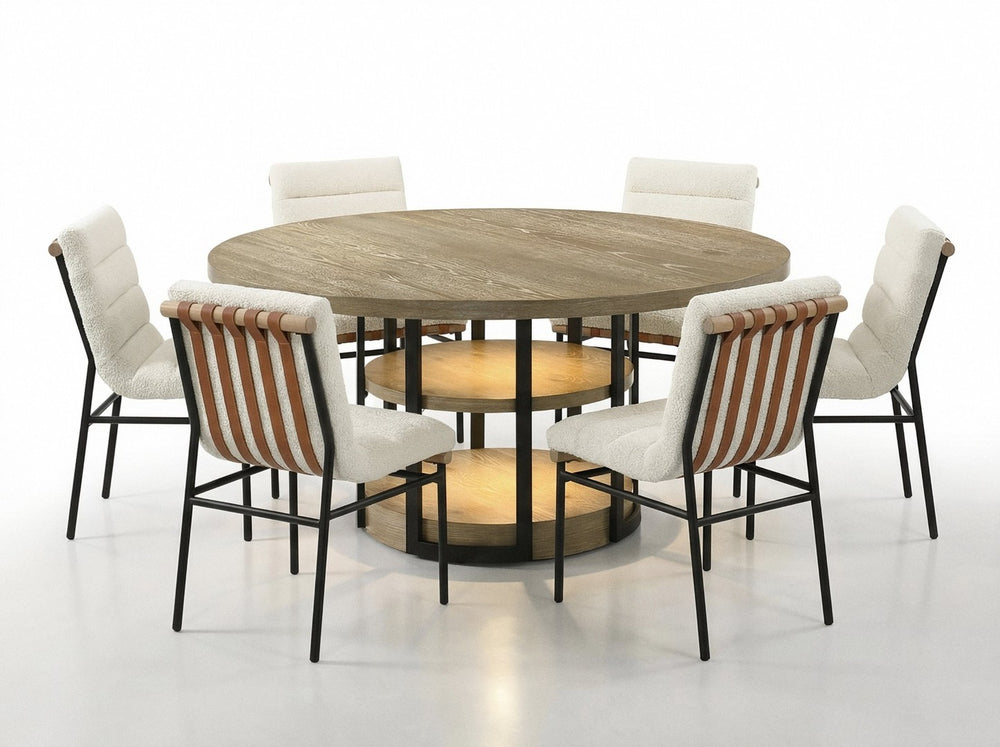 English Elm Eden Round Oak Dining Set Seats Six with Led Lit Base and Boucle Chair Accents B061S00992
