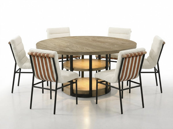English Elm Eden Round Oak Dining Set Seats Six with Led Lit Base and Boucle Chair Accents B061S00992