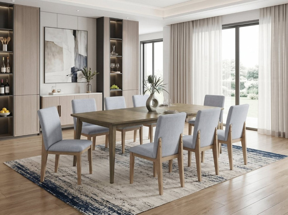 English Elm Bistro 9 Piece Extendable Dining Set with Walnut Table and Linen Upholstered Chairs B061S00993