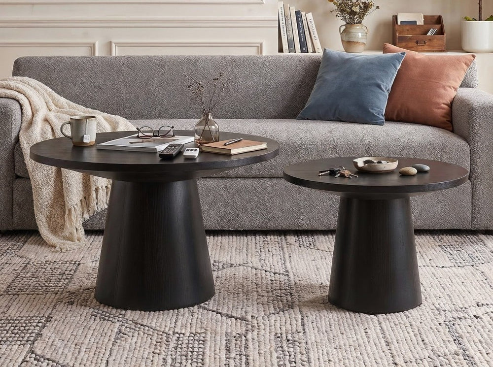 English Elm Jasper Round Pedestal Coffee and End Table Set in Ebony Oak Veneer Modern Living B061S00994