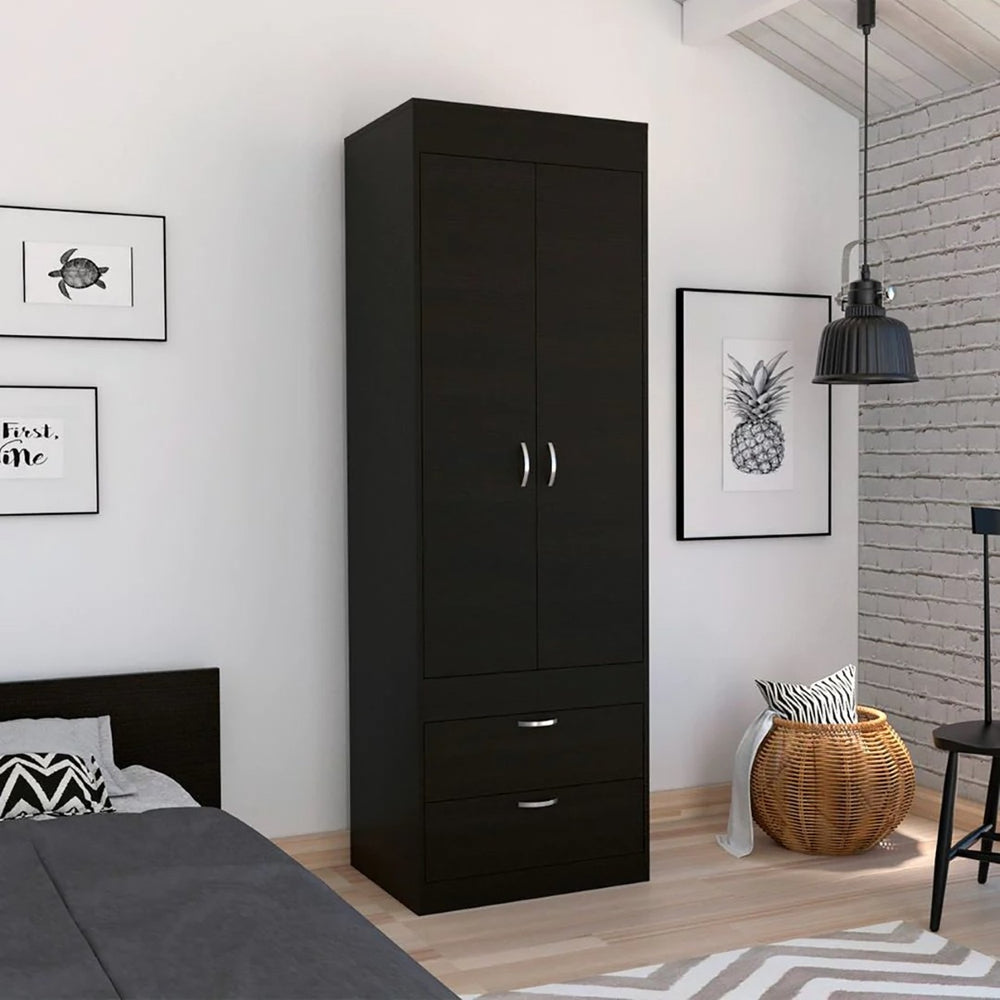 English Elm Wenge Finish Tall Armoire with Two Drawers for Bedroom or Entryway Storage B062P202118