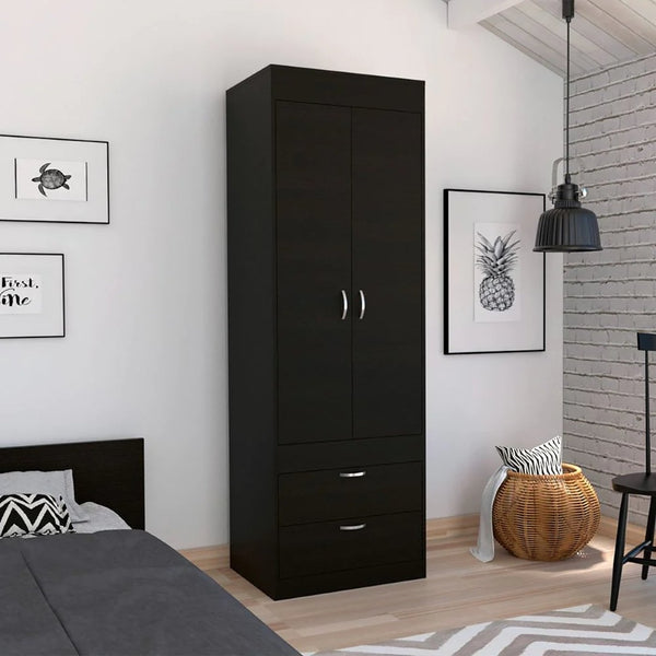 English Elm Wenge Finish Tall Armoire with Two Drawers for Bedroom or Entryway Storage B062P202118