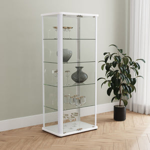 English Elm Nevra Glass Curio Cabinet with Led Lighting Five Shelves White Metal Frame Display B062P507811