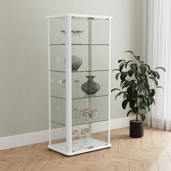 English Elm Nevra Glass Curio Cabinet with Led Lighting Five Shelves White Metal Frame Display B062P507811