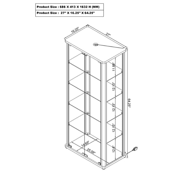 English Elm Nevra Glass Curio Cabinet with Led Lighting Five Shelves White Metal Frame Display B062P507811