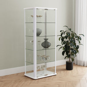 English Elm Nevra Glass Curio Cabinet with Led Lighting Five Shelves White Metal Frame Display B062P507811