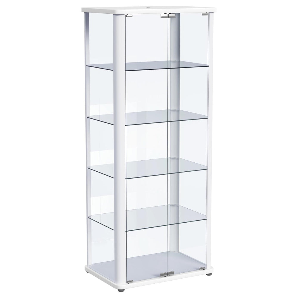 English Elm Nevra Glass Curio Cabinet with Led Lighting Five Shelves White Metal Frame Display B062P507811