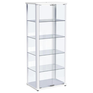 English Elm Nevra Glass Curio Cabinet with Led Lighting Five Shelves White Metal Frame Display B062P507811