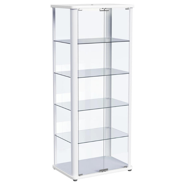 English Elm Nevra Glass Curio Cabinet with Led Lighting Five Shelves White Metal Frame Display B062P507811