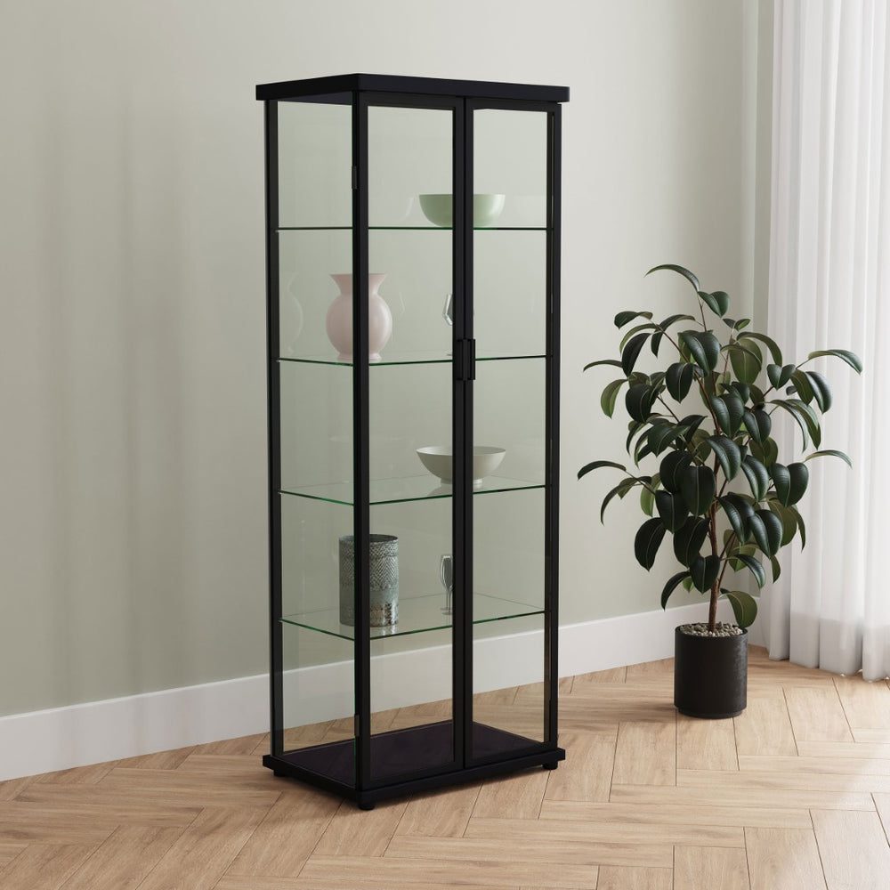 English Elm Nevra Glass Display Cabinet with Led Lighting Black Metal Frame Four Shelves B062P507812