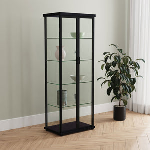 English Elm Nevra Glass Display Cabinet with Led Lighting Black Metal Frame Four Shelves B062P507812