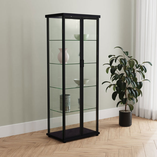 English Elm Nevra Glass Display Cabinet with Led Lighting Black Metal Frame Four Shelves B062P507812