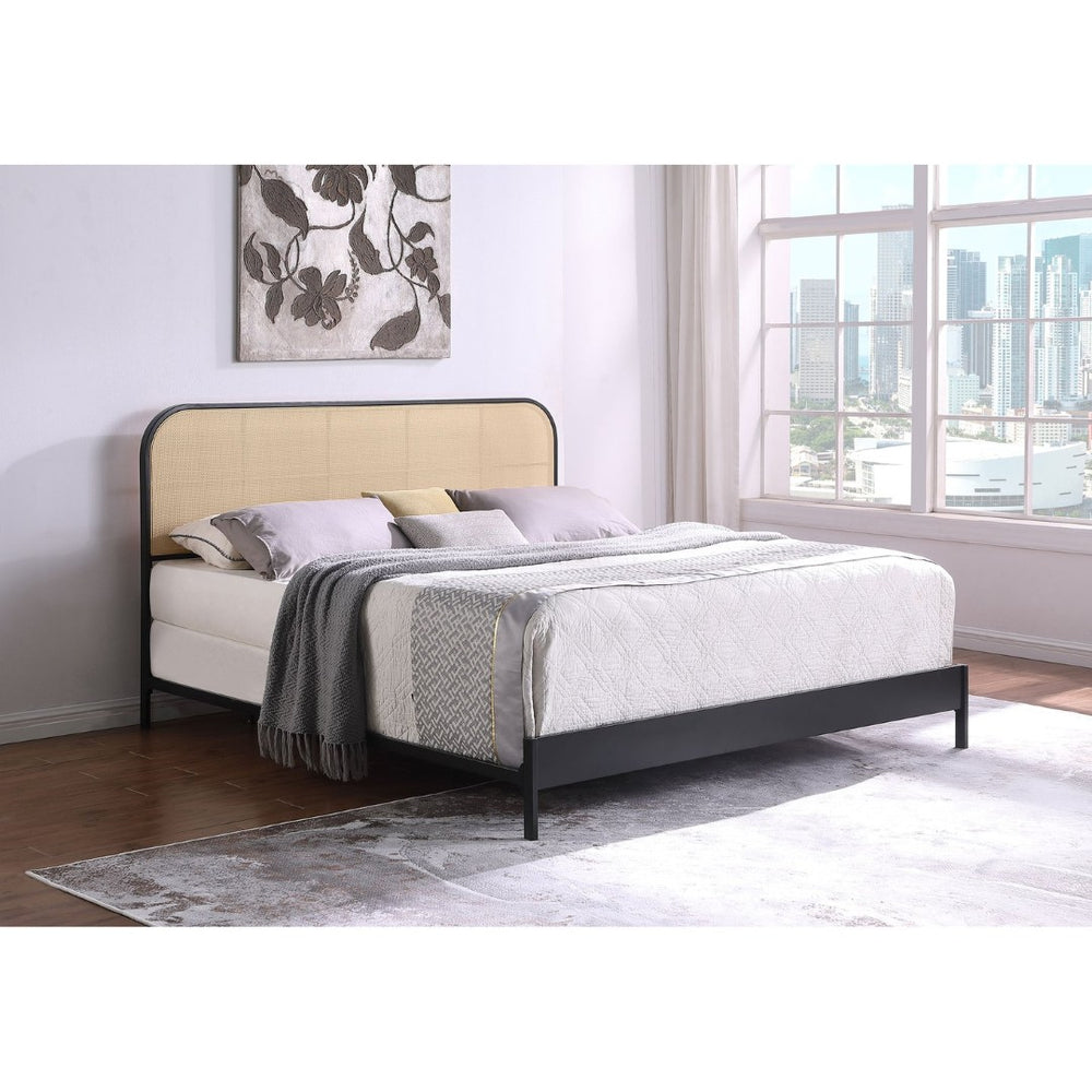 English Elm Kenneth PE Rattan Headboard Eastern King Bed Black Metal Frame Boho Modern B062P507822