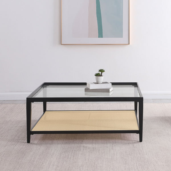 English Elm Kenneth Square Glass Top Coffee Table with Rattan Shelf and Black Metal Frame B062P507823