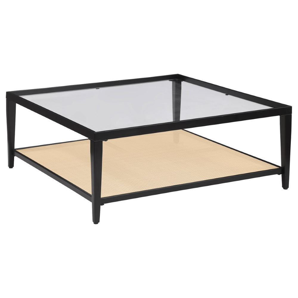 English Elm Kenneth Square Glass Top Coffee Table with Rattan Shelf and Black Metal Frame B062P507823