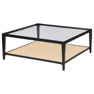 English Elm Kenneth Square Glass Top Coffee Table with Rattan Shelf and Black Metal Frame B062P507823