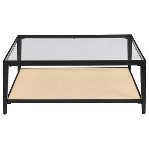 English Elm Kenneth Square Glass Top Coffee Table with Rattan Shelf and Black Metal Frame B062P507823