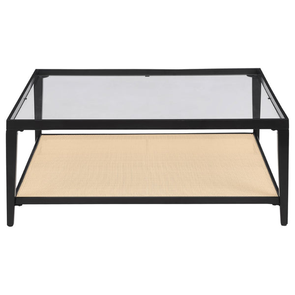 English Elm Kenneth Square Glass Top Coffee Table with Rattan Shelf and Black Metal Frame B062P507823