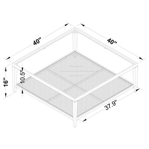 English Elm Kenneth Square Glass Top Coffee Table with Rattan Shelf and Black Metal Frame B062P507823