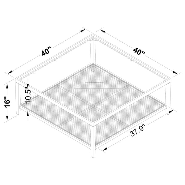 English Elm Kenneth Square Glass Top Coffee Table with Rattan Shelf and Black Metal Frame B062P507823