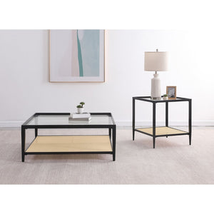 English Elm Kenneth Square Glass Top Coffee Table with Rattan Shelf and Black Metal Frame B062P507823