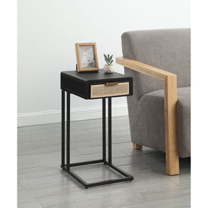 English Elm Kenneth C-shape Sofa Side Table with Rattan Drawer and Matte Black Metal Frame B062P507824